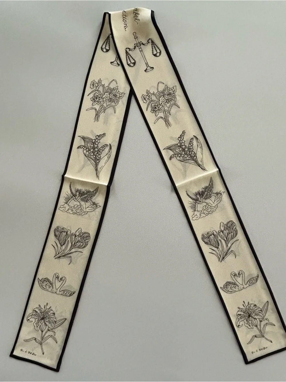 Dior Symbol Carnation Ribbon Scarf Ivory Black Botanical Hair Bag Neck Wrap